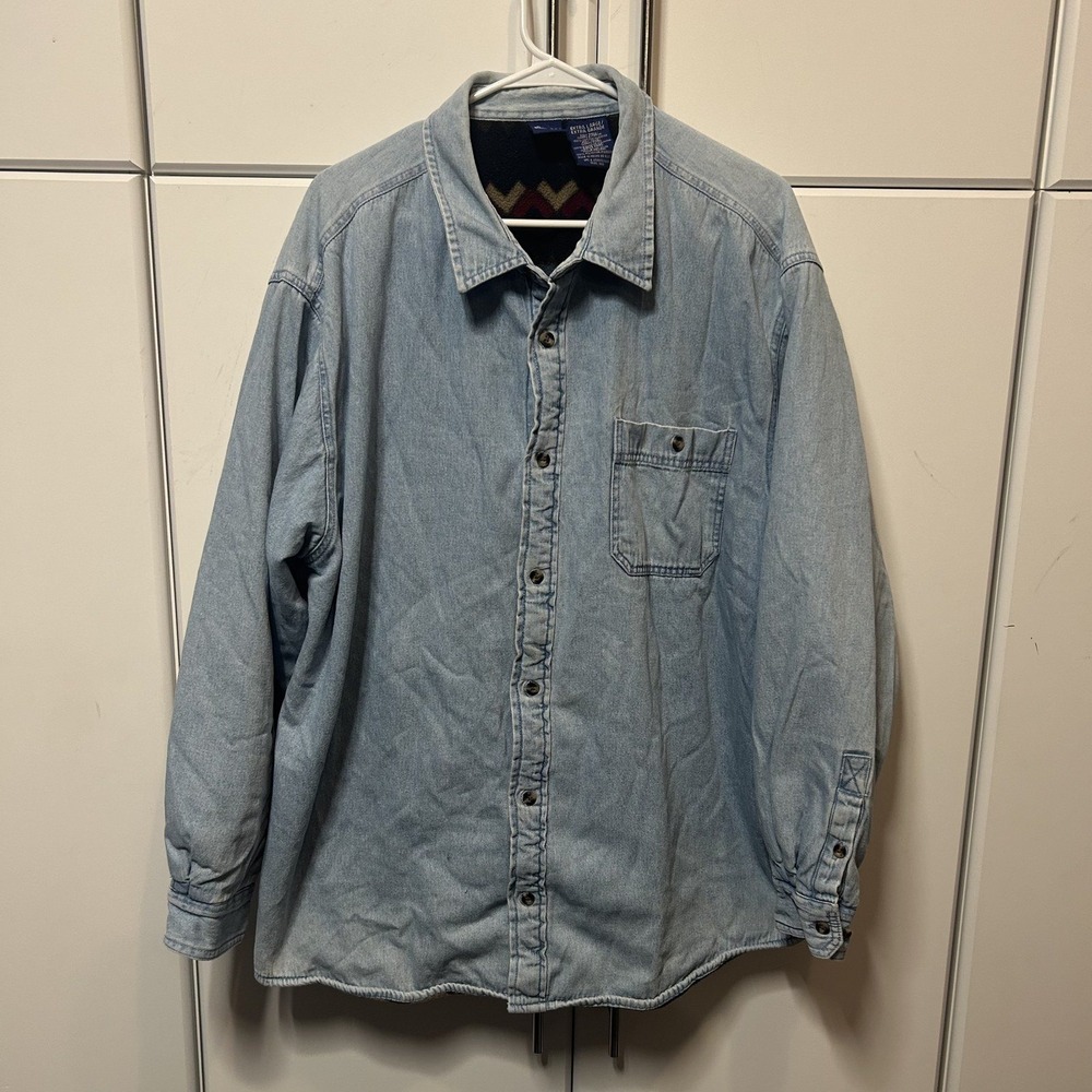 Basic Editions Mens XL Light Wash Denim Fleece Lined Shirt Jacket Southwestern